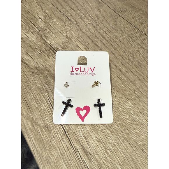 2 Pairs Cross Earrings Black Rhinestone Gold Tone and Diamond Stud Earrings 4PC - Picture 2 of 8